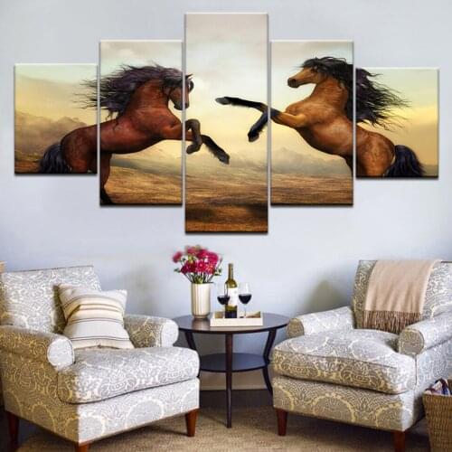 HD Printed 5 piece Modular canvas art black brown horse painting wall pictures for living room wall art Free shipping