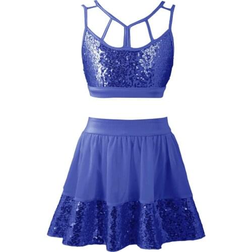 Children Jazz Dance Clothes Kids Girls Stage Contemporary Lyrical Dance Costumes Sequins Crop Top Skirt Ballet Dance Wear Set