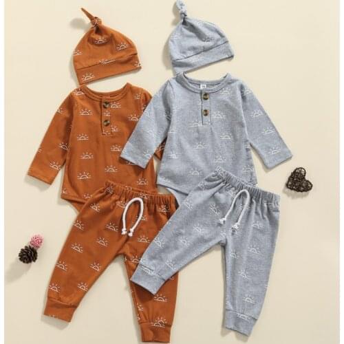 Fall Spring Newborn Baby boys Clothes Cotton Long Sleeve Romper Trousers Hat Sun Print Elastic Waist Boys Clothing
