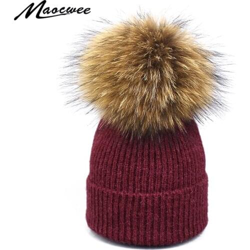 Scarf Hat Set Children Real Fur Pom Pom Hat Wool Crochet Beanie Knitted Winter Female Warm Soft Solid Elasticity Nature Fur