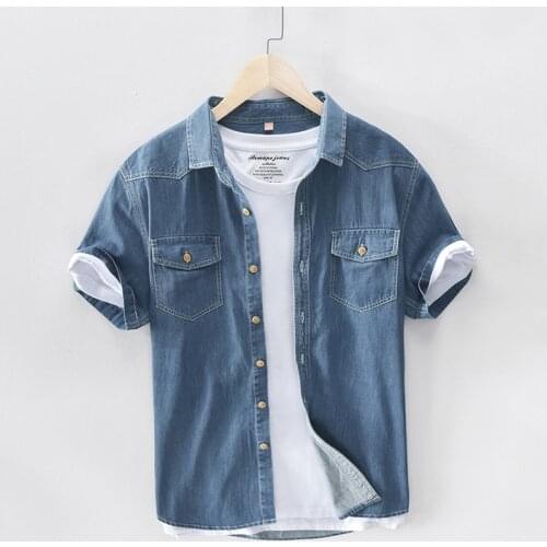 Mens Summer Fashion Short Sleeve Denim Shirts Solid Color Vintage Cowboy Jean Shirts Male Japan Simple Streetwear Tops Shirts