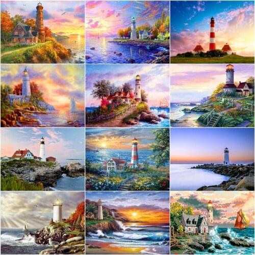 GATYZTORY Coloring By Numbers Lighthouse Landscape Wall Art Picture By Number Sea Drawing Canvas Acrylic Handpainted Home Decor