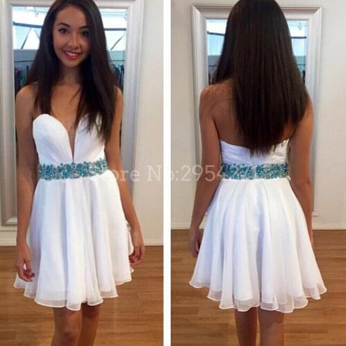 Short White Homecoming Dresses Sweetheart Blue Crystals Sash A Line 8th Grade Prom Dresses Chiffon 2019 Dress For Graduation