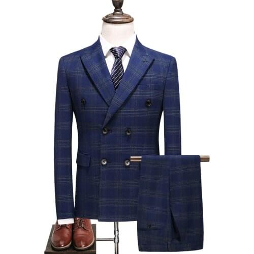 Men Double Breasted Suit Fashion Slim Blue Plaid Suit Mens 5XL Large Size Luxury Wedding Suit High Quality Business Formal Wear