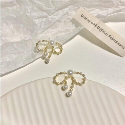 Girls Fairy New Bowknot Korean Earrings Simulated-pearls Shining Clip on Earrings