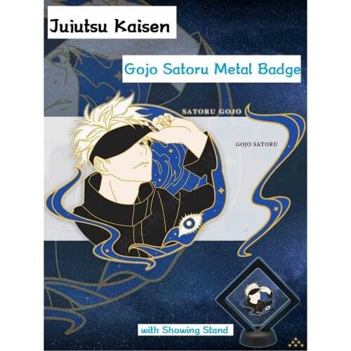 Anime Jujutsu Kaisen Gojo Satoru Metal Badges with Show Stand Delicate Collectible Grade Badge Butterfly Clasp Size 5*5cm