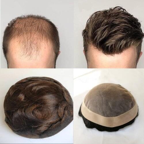 Men Toupee Hairpieces Brown Brazilian Human Hair Lace With Pu Replacement System Hair Topper For Men Natural Hairline