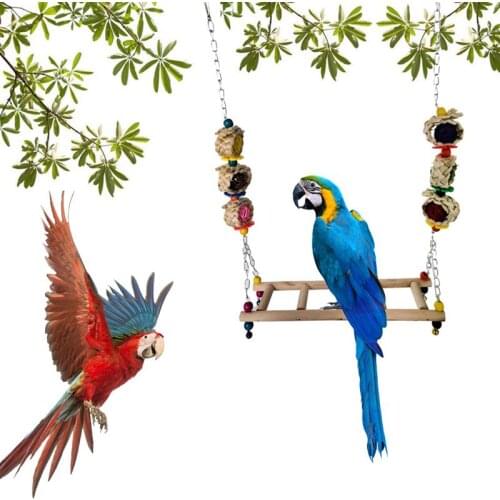 Creative New Bird Swing Toy Natural Wooden Bird Cage Hanging Toy With Bells Pet Parakeet Parrot Birds Chew Toys Pets Accessories