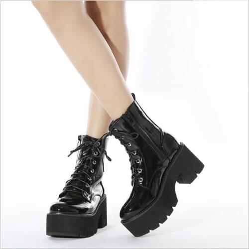 New Woman Lace Up Autumn Boots Womens Ladies Chunky Boots Platform Black Patent Leather Ankle Boots Chunky heel Shoes Large size