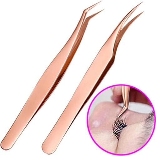 Rose Gold Stainless Steel Curved Straight Eyelash Extension Tweezers Anti Acid Nipper Rhinestone Picking Tool False Eyelash