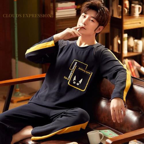 Brand Fall Winter Knitted Cotton Simple Mens Pyjamas Suits Pajamas Set Casual Male Sleepwear Pyjamas Night Pijamas Homewear 3XL