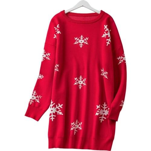 Oversize Snowflake Print Long Sweater Women Autumn Winter Long Sleeve O-Collar Red Knit Dresses Plus Size XXL-7XL Bust 105-155cm