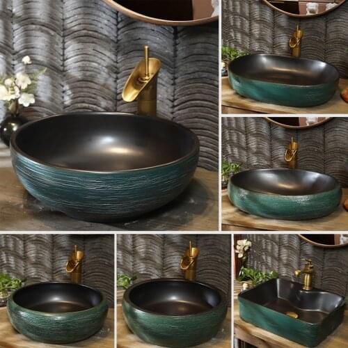 Retro Art Above Counter Basin Oval Ceramic Wash Basin Single Basin Household Antique Shampoo Sinks Washbasin Countertop Sinks