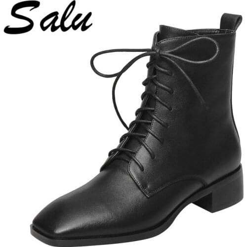 Salu Boots Women Ankle Boots Elegant Warm Winter Genuine Leather Ladies Shoes Woman High Heeled Motorcycle Ladies Shoes