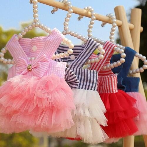 Spring Summer Dogs Cats Clothing Pet Supplies Striped Suspenders Mesh Pleated Skirt Dress Small Medium-Sized