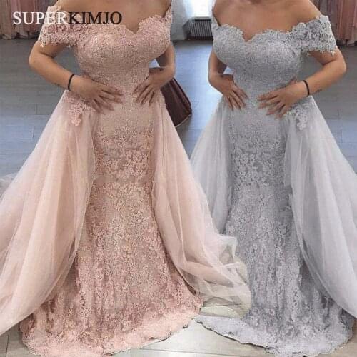 SuperKimJo Off the Shoulder Evening Dresses Long Detachable Skirt Lace Applique Pink Evening Gown Vestido Longo Abendkleider