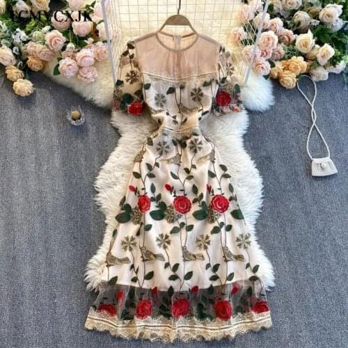 Women Luxury Floral Embroidery Mesh Dress High Quality Floral Wedding Party Sexy Midi Dress Vintage A-line Vestidos Robe Femme