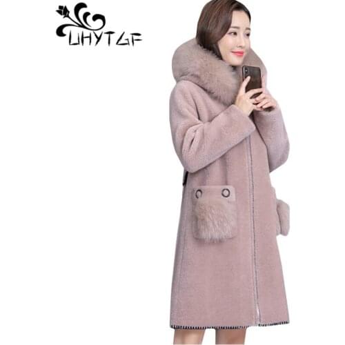 UHYTGF M-3XL Casual ladies winter coats New luxury lambswool faux fur outerwear fox fur collar hooded Slim warm womens jacket 77
