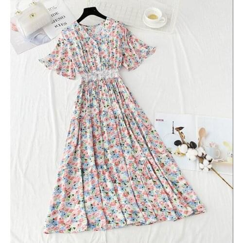 New 2021 Floral Print Women Summer Dress Elastic waist Vintage V-neck Casual Cotton Linen Long Dress Elegant Vestidos