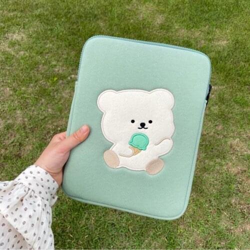 Ice Cream Green Bear Laptop Tablet Storage Bag Girl 11 13 15 Inch Sleeve Case Student Embroidery IPad Protective Cover Inner Bag
