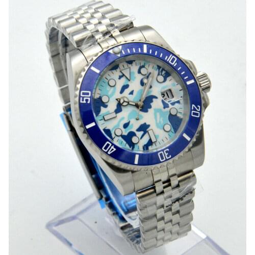 40mm Blue Camouflage Dial Ceramic Bezel Mens Watch Automatic Clock Mechanical Jubilee Strap