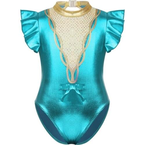 Kids Girls Short Flutter Sleeves Metallic Sparkly Sequins Ballet Dancewear Gymnastics Leotard Stage Performance Dance Costume