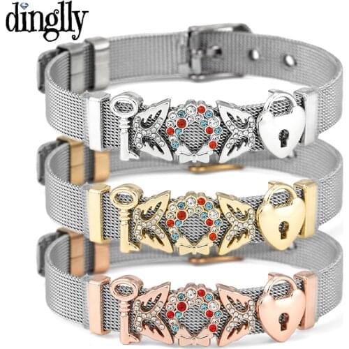 Two-tone Stainless Steel Mesh Bracelets For Women Girls Heart Lock Key Butterfly Flower Basket Beads Buckle Belt Bangle Gifts