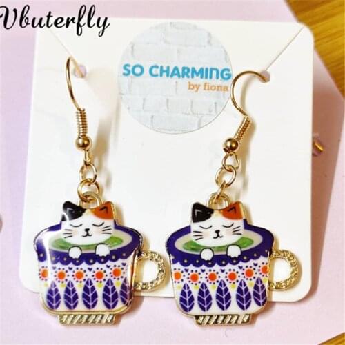 Enamel Charm Teacup Cat Earrings Black Cat in a Tea Drop Earrings Calico Cats in Teacup Pussy Earrings BV38C-37DC