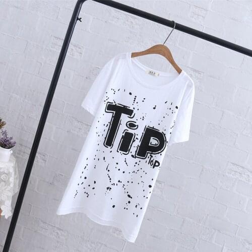 Zuolunouba Dyeing Letters Print Bamboo Slub Cotton Medium-long T-shirts Women Short Sleeve Summer Fat Casual Tees Tops Oversize