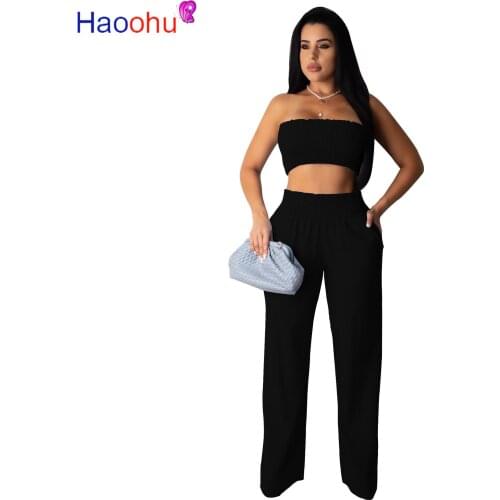 HAOOHU 2020 Women Sets Summer Tracksuits Strapless Pockets Crop Tops+Pants Suit Two Piece Set Night Club Outfits 2 Pcs Street