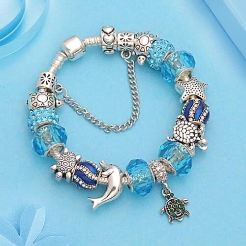 Leabyl Classic Blue Ocean Wave Turtle Charm Bracelet Silver Color Dolhin Animal Bead Bracelets Diy Crystal Bracelet Jewelry Gift
