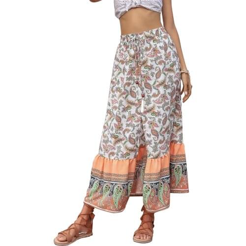 Summer Vintage chic fashion women Hippie beach Bohemian floral print skirt High Elastic Waist Maxi A-Line Boho Skirt Femme