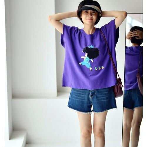 MICOCO T2130C Literature and art lovely The doll Print loose round neck and short sleeves T-shirt