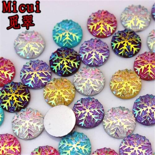 Micui 60pcs 12mm Round Snowflake Crystal AB Resin Rhinestones Crystals Stones Applique Non Hotfix for DIY Garment Crafts MC497
