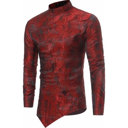 Fashion Paisley Shirt Men 2020 Personality Oblique Button Irregular Casual Dress Shirt Mens Mandarin Collar Long Sleeve Shirts
