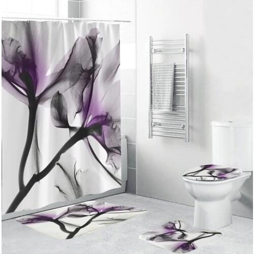 Purple Flowers Shower Curtain Set Bath Mats Rugs Beautiful Flower Toilet Lid Cover Anti-slip Carpet Bathroom Curtains Home Decor