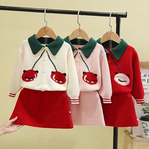 2021 New Christmas Girls Baby Winter Knitted Clothes Sets Fashion Kids Elegant Printing Sweaters And Skirt Princess Outfits 1-5Y