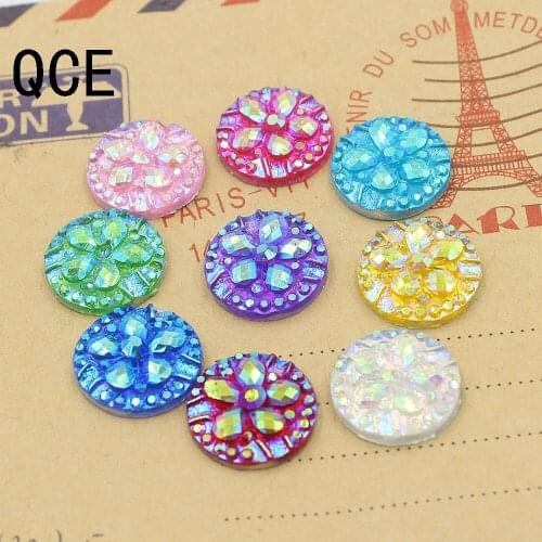 New!Multi 12mm 50pcs AB Color Flatback Flower Resin Round Stone Beads Flatback Resin Rhinestone