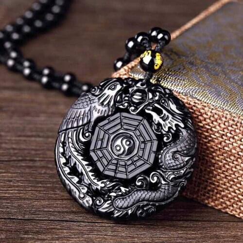 Natural Black Obsidian Gossip Pendant Necklace Hand Carved Chinese Dragon Phoenix Good Luck Pendants Women Men Necklace Jewelry