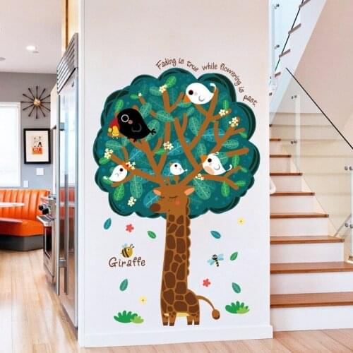 Cute Baby Giraffe Creative Tree Wall Stickers For Kids Room Bedroom Decoration Cartoon Animals Birds Wall Mural Art Home Decals