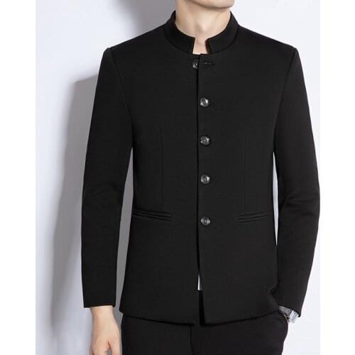 Stylish Clothing Mens Black Mandarin Collar Blazer Jackets For Mens Big Size Zhongshan Suits Chinese Fashion Big Size Husband