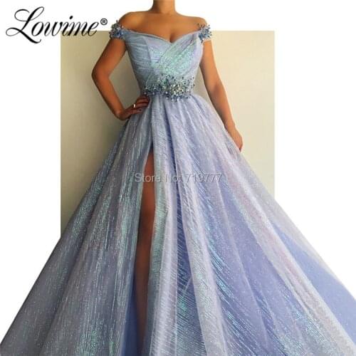 Reflective Evening Dress 2019 Off The Shoulder Beaded Prom Dresses Sexy High Split Side Arabic Party Gowns Kaftan Robe De Soiree