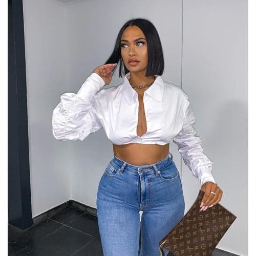 Crop Top Tee Blouse Ruches Button Sexy Summer Long Sleeve Shirt Women Clothes 2021 Hot Solid Streetwear Tops Cropped Tees Shirts