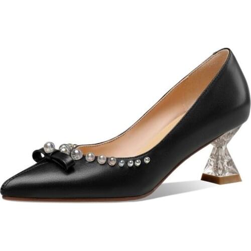 US4-11 Womens Pointy Toe Pearls Rhinestones Crystal Bowtie Strange High Clear Transparent Heels Pumps Real Leather Shoes Plus SZ