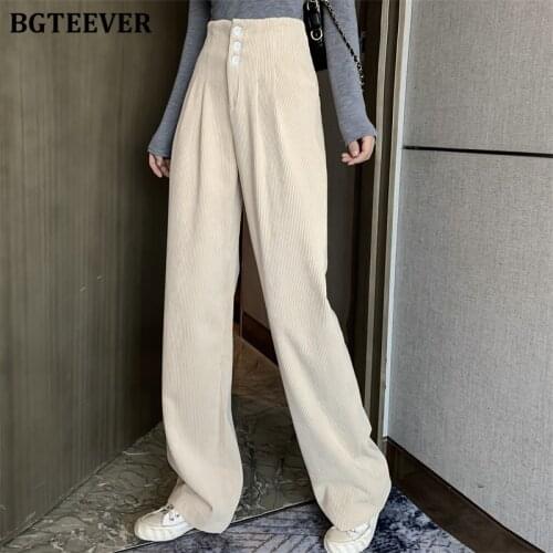 BGTEEVER Casual Thicken Women Corduroy Pants 2020 Spring High Waist Buttons Wide-legged Pants Female Floor-Length Long Trousers