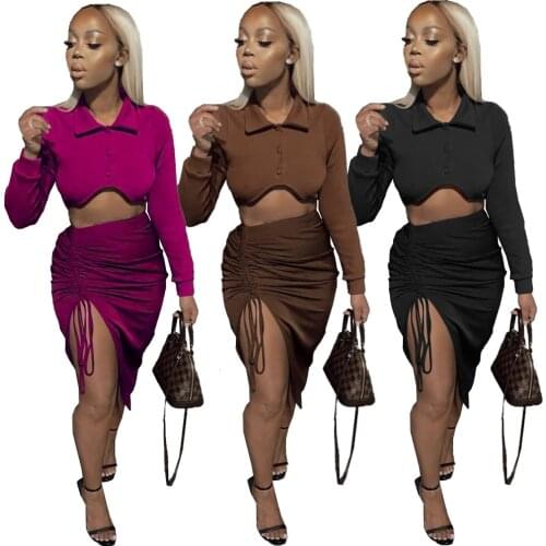Omancady Hollow Out Shirring Long Skirt And Button Lapels Long Sleeve Crop Top Set Two Piece Set Women Outfits Sexy Dress Set