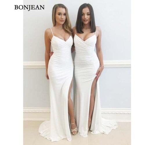 2019 Elegant White Mermaid Bridesmaid Dresses CheapV-Neck Long Side Split Wedding Party Gown Bridesmaid Dresse Custom Made