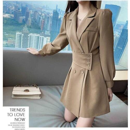 Office Lady Khaki Button Blazer Dress Women Long Sleeve Casual High Waist Belt Dress Elegant Lapel Work Wear OL Dresses Fashion