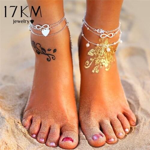 17KM Boho Multilayer Silver Color Heart Anklets Set For Women Vintage Summer Beach Beads Ankle Bracelet 2021 Trend Jewelry