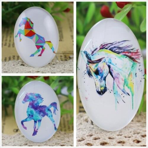 2pcs 30x40mm New Fashion Color Dream Horse Handmade Photo Glass Cabochons Pattern Domed Jewelry Accessories Supplies